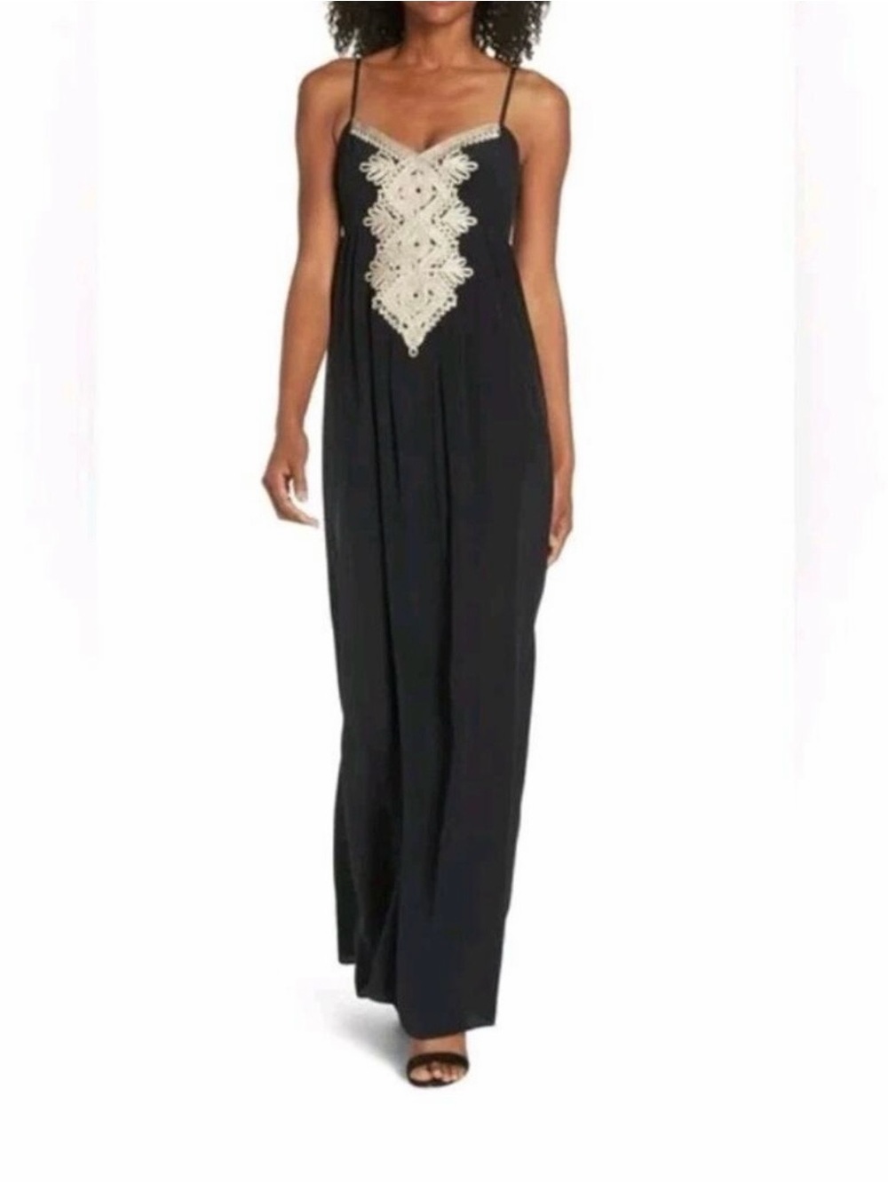 Lilly Pulitzer silk Black Maxi Slip Dress with gold  Crochet Detail Sz 6